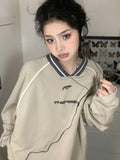 Getadme 2 Vintage V Neck Sweatshirt Women Korean Fashion Streetwear Kpop Pullover Casual Harajuku Grunge Cotton Top Autumn Winter