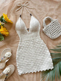 GETADME Women's V-Neck Strapless Dress, Hollow Out, Wooden Bead, Slim Fit, Gradient Color, Knitted, Sexy, Vacation Wear