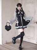 GETADME Summer Japanese Jirai Kei Style Mini Dress Women's Lapel Collar Flare Sleeve Striped Lace Dress Y2K Subculture Dress Girly Goth