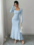 GETADME Women's Four Seasons New Style Women's Elegant Temperament Retro Solid Color Square Collar Long Sleeve Dress