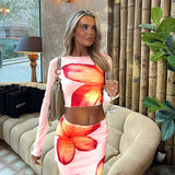 GETADME Autumn Winter Skirt T-shirt 2 Piece Women New Fashion Long Sleeves O-Neck Casual Slim Tees Sexy Red Print Skirt Lady Elegant Set