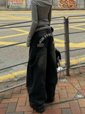 GETADME Women's High Waist Wide Leg Black Denim Jeans Vintage Washed Pocket Letter & Patch Detail Y2K Streetwear Loose Cargo Trousers