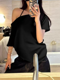 GETADME T-shirts Women Niche Design Off Shoulder Solid Short Sleeve Summer Chic Loose Casual Daily Simple Sexy Korean Trendy Street Tops
