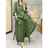GETADME Loose Ramie Set For Women Large Size With Bat Sleeves V-neck Cotton Linen T-shirt Casual Lantern Pants Two-Piece Set For Summer