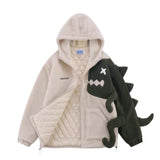 Getadme-American Design Sense Cartoon Dinosaur Splice Lamb Fleece Hooded Sweater Coat for Men and Women in Autumn and Winter