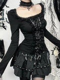 GETADME Goth Black Lace Trim Long Sleeve T-Shirts Vintage Sexy Lace-up Square Collar Tops with Choker Cross Women Autumn Tees