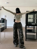 Getadme Autumn Winter New Low Rise Jeans Y2k Ladies American High Street Baggy Pants Woman Camouflage Drawstring Mop Jeans for Women