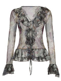 Chemises à volants en maille imprimée florale vintage GETADME pour femmes, transparentes et sexy, manches à volants, coutures ouvertes et lacets, vêtements esthétiques