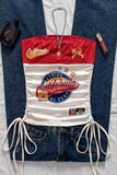 GETADME Women's casual retro drawstring front cut vest, suitable for Y2K and guitar prints in spring and summer