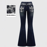 GETADME Jeans Flare Pants Women Vintage Boot Cut Embroidery Pockets Rhinestone Washed Female Distressed Denims Trousers Streetwear