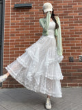 GETADME Elegant Long Multi Layer Mesh Skirt for Women Elastic Waist A-Line Summer Skirt Woman Sweet White Lace Patchwork Cake Skirts