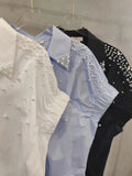 GETADME Pearls Beads Stitch Cotton Short Sleeve Blouses Shirts Women 2025 Spring Summer New Fashion Trend Loose Casual Tops Blusas