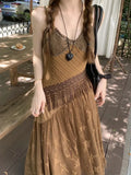 GETADME Korean style Ethnic Irgular Spaghettic Strap Fairy Boho Hippie Dress Women Tassel Mesh Stitching Spice Summer Beach Slim Dress