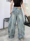 GETADME Trashy Y2K 2000S Dirty Washed Distressed Blue Baggy Jeans Pants For Women Clothing Wide Leg Vintage Gothic Lady Denim Trousers