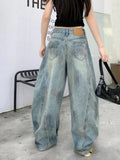 GETADME Trashy Y2K 2000S Dirty Washed Distressed Blue Baggy Jeans Pants For Women Clothing Wide Leg Vintage Gothic Lady Denim Trousers