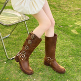 GETADME Brown Belt Bule Knee High  Boots Women's Spring Summer Retro Western Knight Faion Boots Waterproof Platform