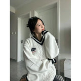 Korean Style Oversize Sweaters Women Vintage V-neck Knitted Pullovers Female Preppy Look Japanese School Uniform Jumper
