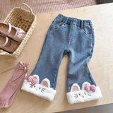 GETADME Sanrios Girl Pants Autumn Winter Hello Kittys Child Cowboy Bell Bottoms Children's Clothing Keep Warm Thicken Leisure Trousers