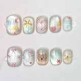 GETADME 10Pcs Cute Short Round Handmade Fake Nail Glitter Colorful 3D Sweet Cool Art Finished Nail for Girl Wearable Full Cover Press On