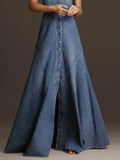 GETADME Elegant Denim Long Dress Women 2025 Summer New Casual Retro All-match Dresses Female Single Button A-line Split Hem Vestidos