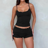 GETADME 2025 Summer Solid Casual Skinny 2 Piece Sets Low Cut Spaghetti Strap Tank Top+Ruched Drawstring Shorts Comfortable Homewear