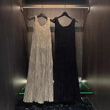 GETADME 우아하고 고급스러운 디자인, 슬리밍 솔리드 컬러 플리츠 베스트 드레스, 감각적인 신축성, 팔 없는 베스트 스커트, 여성용