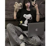 GETADME 여름 홈웨어 플레드 9포인트 팬츠 캐주얼 릴렉스 통기성 얇은 신축성 허리 팬츠 여학생 파자마 팬츠