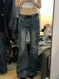 Getadme-Cargo Pants Women Fashion Big Pocket Femme Flare Pants Spring New Casual Mopping Denim Trousers Vintage Y2k Baggy Jeans