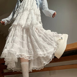 GETADME Sweet Lace Ruffles Long Skirt Women Summer Cute Puff Cake A Line Skirt Woman Korean Style High Waist White Chiffon Tulle Skirt