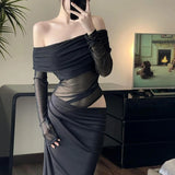 GETADME Elegant Off Shoulder Women's 2025 New Irregular Mesh Patchwork Long-sleeved Cut Out Skinny Evening Party Floor-length Long Dress