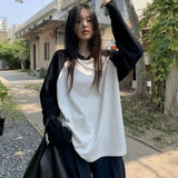 GETADME Casual Oversized T Shirt Y2k Tops Harajuku Long Sleeve O-Neck T-Shirts Spring Autumn Black White Patchwork Tees Women Streetwear