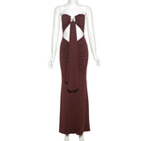 GETADME Low Cut Sexy Strapless Hollow Out Solid Ribbon Long Dresses Women Bodycon Fashion High Waist Slim Summer Club Vestidos