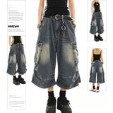 GETADME High Waist  Retro Blue Washed Denim Shorts Women's Harajuku Vintage Fashion Casual Loose Y2K Streetwear Wide Leg Cropped Pants