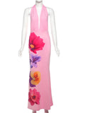 GETADME Nibber Backless Flower Print Dress Women Sleeveless Lace-Up Tassel Halter Folds Patchwork 2025 Beach Vacation Party Vestidos