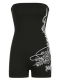 GETADME Sweetown Dragon Print Sleeveless Strapless Skinny Sexy Rompers Womens Black Chinese Style Playsuit Summer Baddie Short Overalls