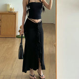 Jupe d'été Getadme pour femme, lacée et plissée, noire, style streetwear décontracté, coupe slim, taille haute, droite, jupe sexy longueur cheville, idéale pour les soirées.
