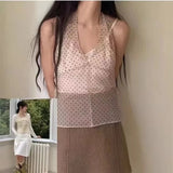 GETADME Korean Ins Same Lace Wave Point Camisole Dress Womens Mesh Sleeveless Mid Length Cover Up Dress Summer New Y2K Girl Spicy Girlsf