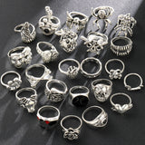 GETADME 24Pcs/Set Punk Gothic Rings Sets Silver Color Skeleton Spider Poker Joker Eyes Heart Rings For Men Fashion Hip Hop Jewelry Gifts