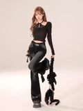 GETADME New Women Black Gothic Bow Flare Jeans Harajuku Aesthetic Y2K Denim Trousers High Waist Cowboy Pant Vintage 2000s Trashy Clothes