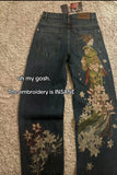 GETADME Japanese Kimono Girl Floral Embroidery Jeans Woman Wide Leg High Waisted Pants Y2k Artistic Design High Waist Trend Women Jeans