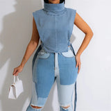 GETADME High Street Clubwear Denim Top Ladies Turtleneck Sleeveless Buckle Hollow Out Lace Up Femme Slim Fashion Trendy T-shirts 2025