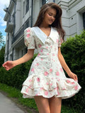 GETADME Sweet Floral Printed Ruffle Hem Dress Chic A-line Lapel Puff Sleeve Dresses For Women 2025 Summer Lady Holiday Street Gowns New