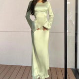 Getadme Women Elegant Long Dresses 2024 Fashion Simple Round Neck Satin Flare Sleeve Lace Up Slim Party Prome Maxi Dress Evening Gown