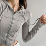 GETADME Thin Hooded Cardigan Women Korean Vintage Slim Summer Solid Sports Jacket Vertical Pit Stripe Zipper Female Sexy Cropped Tops