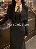Getadme-영국 스타일 3피스 드레스 세트 여성 긴팔 스위트 코트 + 흰색 셔츠 + 긴 슬림 스커트 겨울 우아한 캐주얼 블랙 슈트