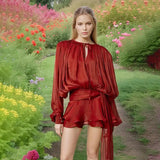 GETADME Elegant Layer Ruffles Solid High Waist Mini Dresses Women Lace Up Fashion O-neck Pleated Blouse Dress 2025 Lady Chic Outfits