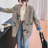 GETADME High Street Y2K Design Graffiti Plaid Blazer Jacket Loose Tailored Coat Women Casual Funny Cartoon Clothes Harajuku New Autumn