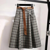 GETADME Plaid Vantage High Waist A-line Loose With Belt Pocket Women's Skirt Korean Fashion Mid-Calf Long Skirts For Women 2025 Spring