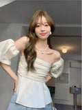 Getadme Puff Sleeve Blouses Women Off-shoulder Thin Summer Elegant Sweet Retro Fashion French Style Tender Holiday Girlish Shirts Ins BF