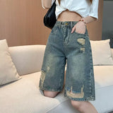 GETADME High Waist Slimming A- Line Denim Shorts Women's Five-Quarter Length Straight Leg Jeans Retro Style No Stretch Cotton Blend